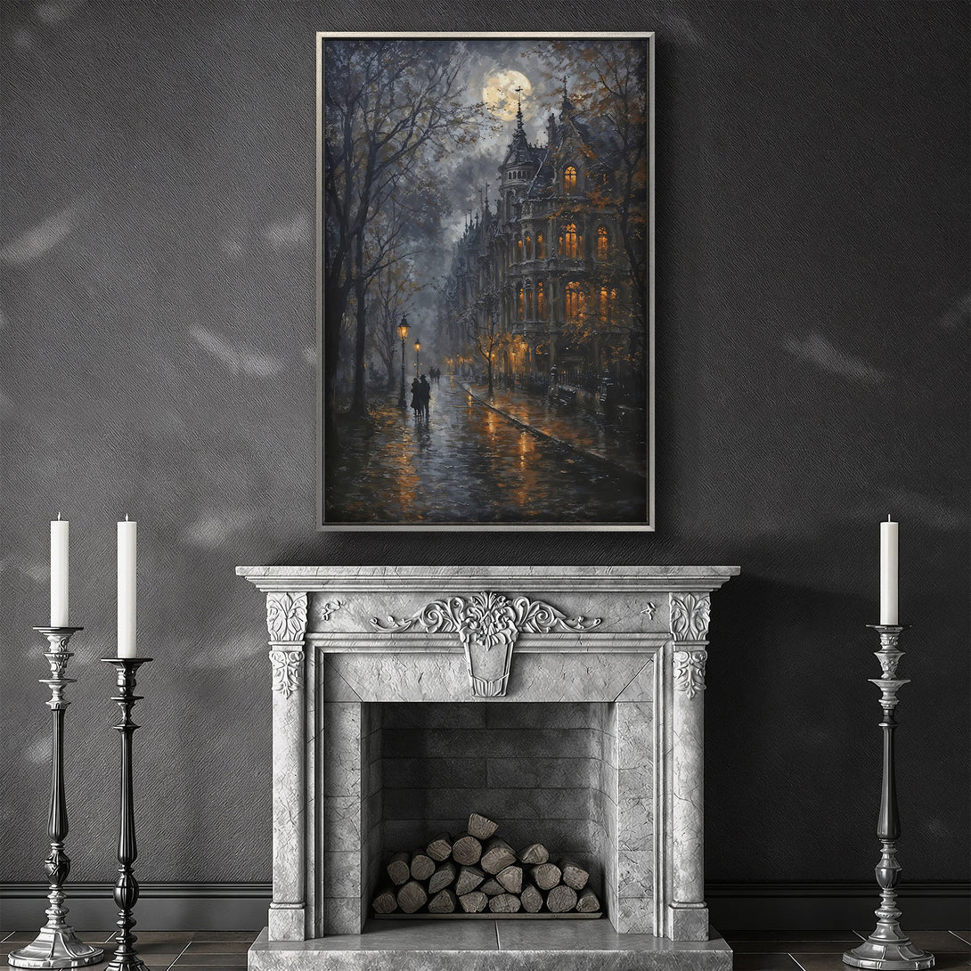 Framed Wall Art: Atmospheric cityscape painting with a warm, moody color palette. Perfect for adding a touch of elegance to your home.