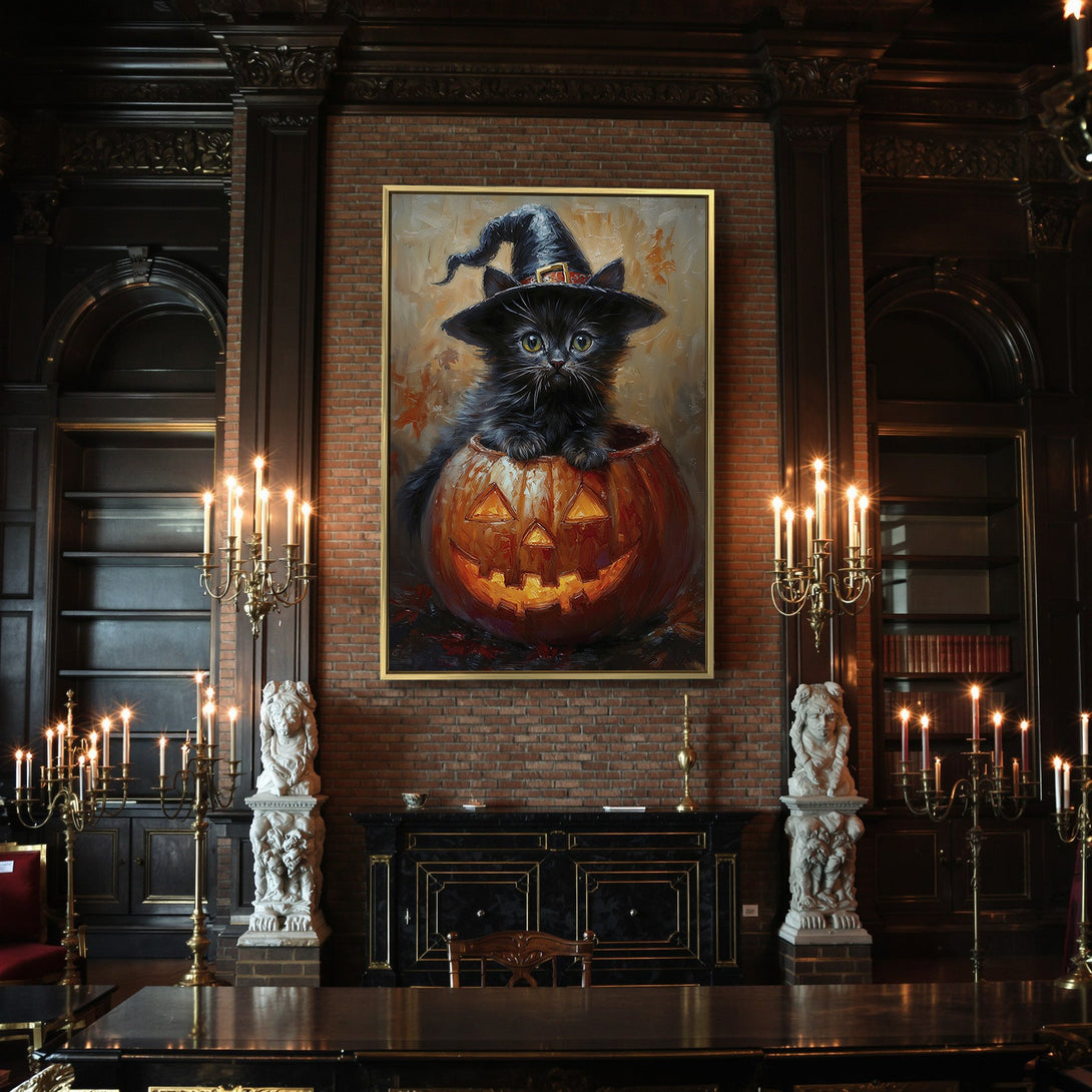 Canvas Print: Adorable black cat in a witch hat inside a pumpkin. Halloween-themed art with orange, black, and warm tones. Perfect spooky decor!