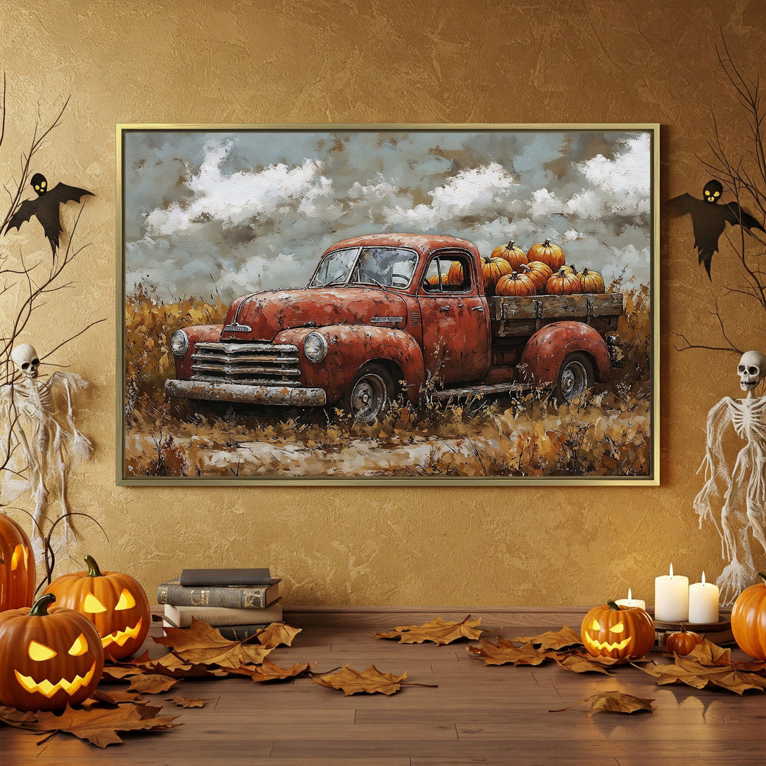 Canvas Print of a vintage red truck with pumpkins, perfect for Halloween decor. Rustic style with warm orange and brown tones.