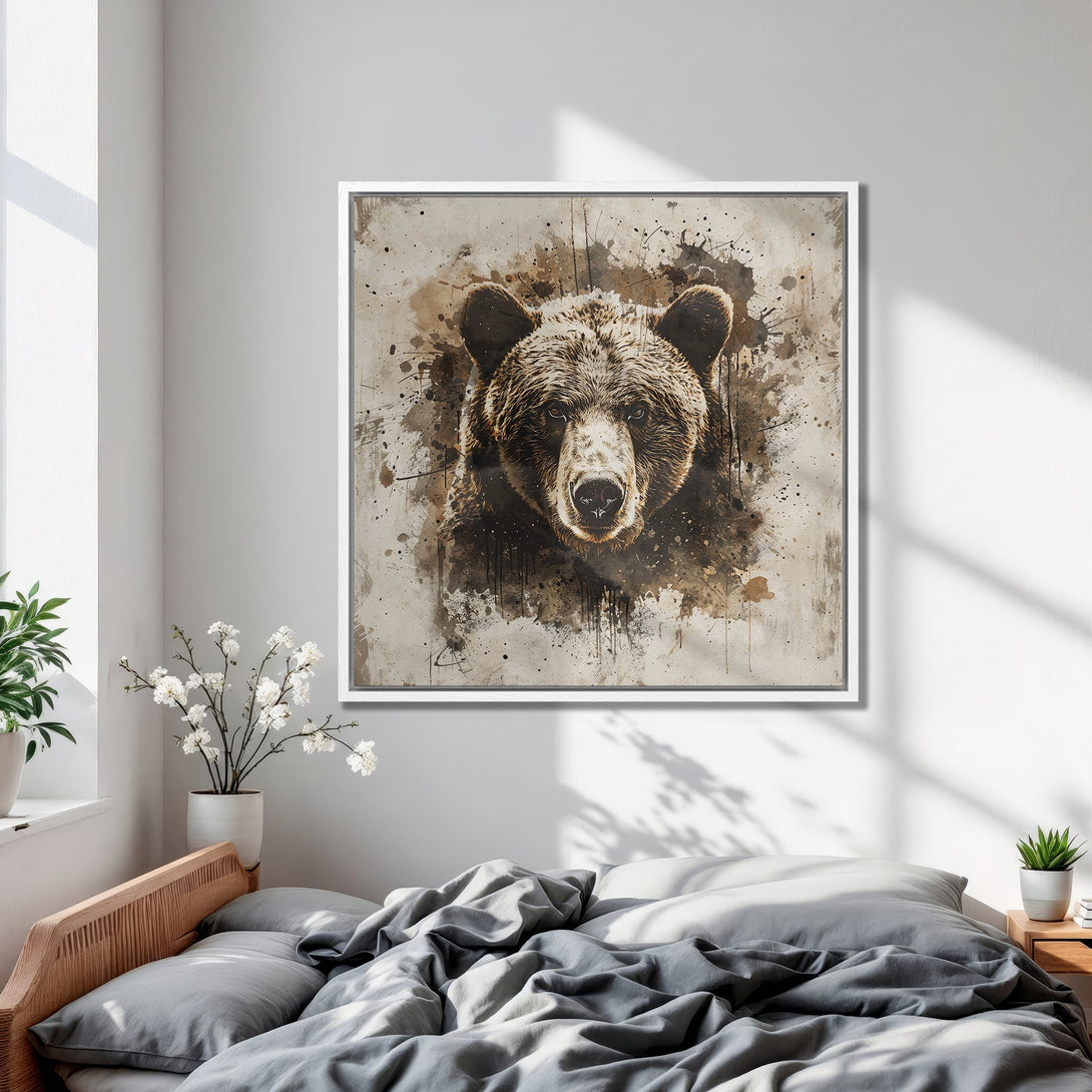 Framed Wall Art: Grizzly bear portrait in neutral brown tones. Rustic style canvas print adds a touch of nature to any bedroom or living space.