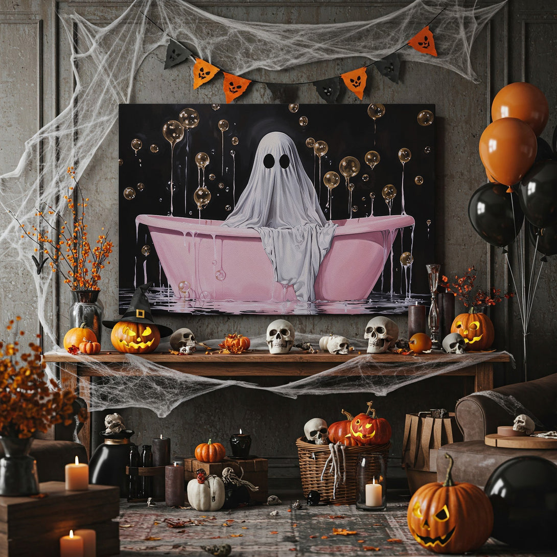 Framed Wall Art: Spooky ghost in a bathtub. Whimsical Halloween art with a black, pink, and gold color palette. Perfect for adding a touch of fun to your decor.