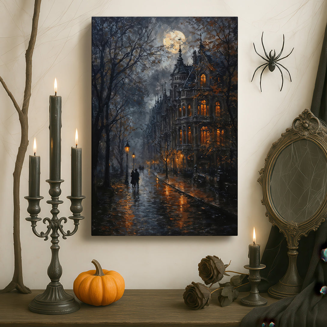 Framed Wall Art: Moody cityscape Canvas Print in cool blues & warm golds. Adds gothic elegance to any space. Shop now for unique wall decor!