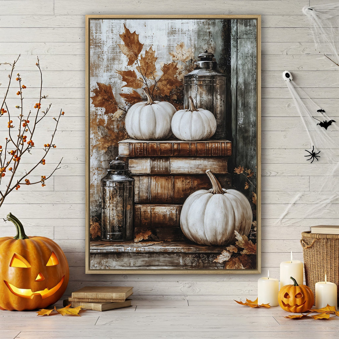 Framed Wall Art featuring pumpkins, books, and lanterns in a rustic style with a warm, autumnal color palette. Perfect for fall decor!