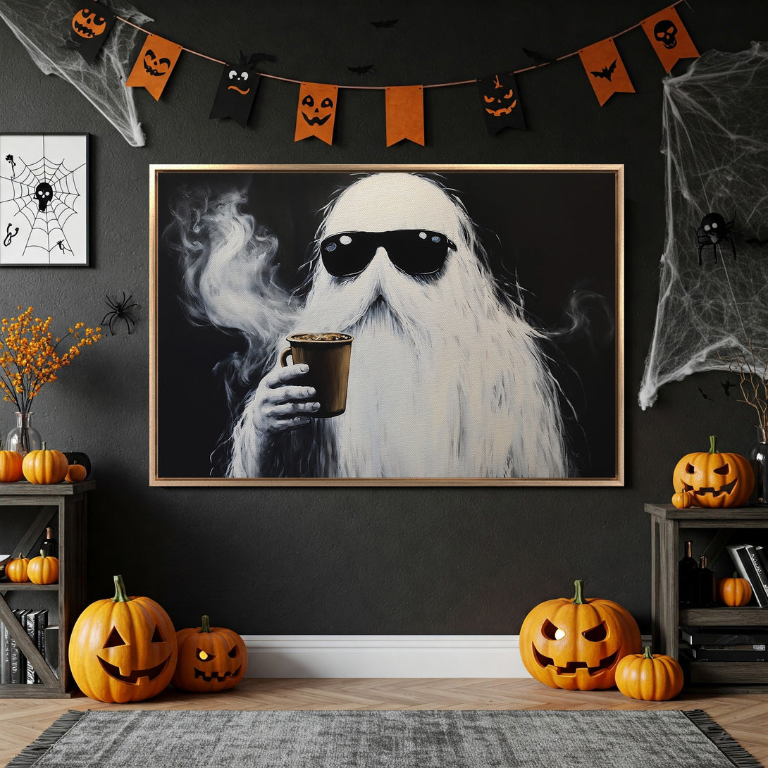 Framed Wall Art: Cool ghost with sunglasses enjoying coffee. Black and white artwork with a touch of brown. Perfect for Halloween decor!