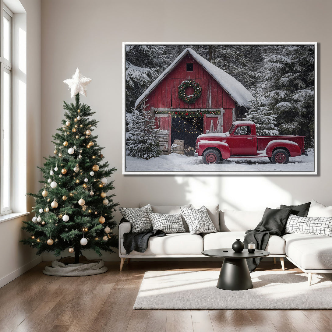 Framed Wall Art: Rustic red barn and truck in a snowy winter scene. Warm, inviting colors create a cozy, festive holiday vibe. Perfect for seasonal decor.