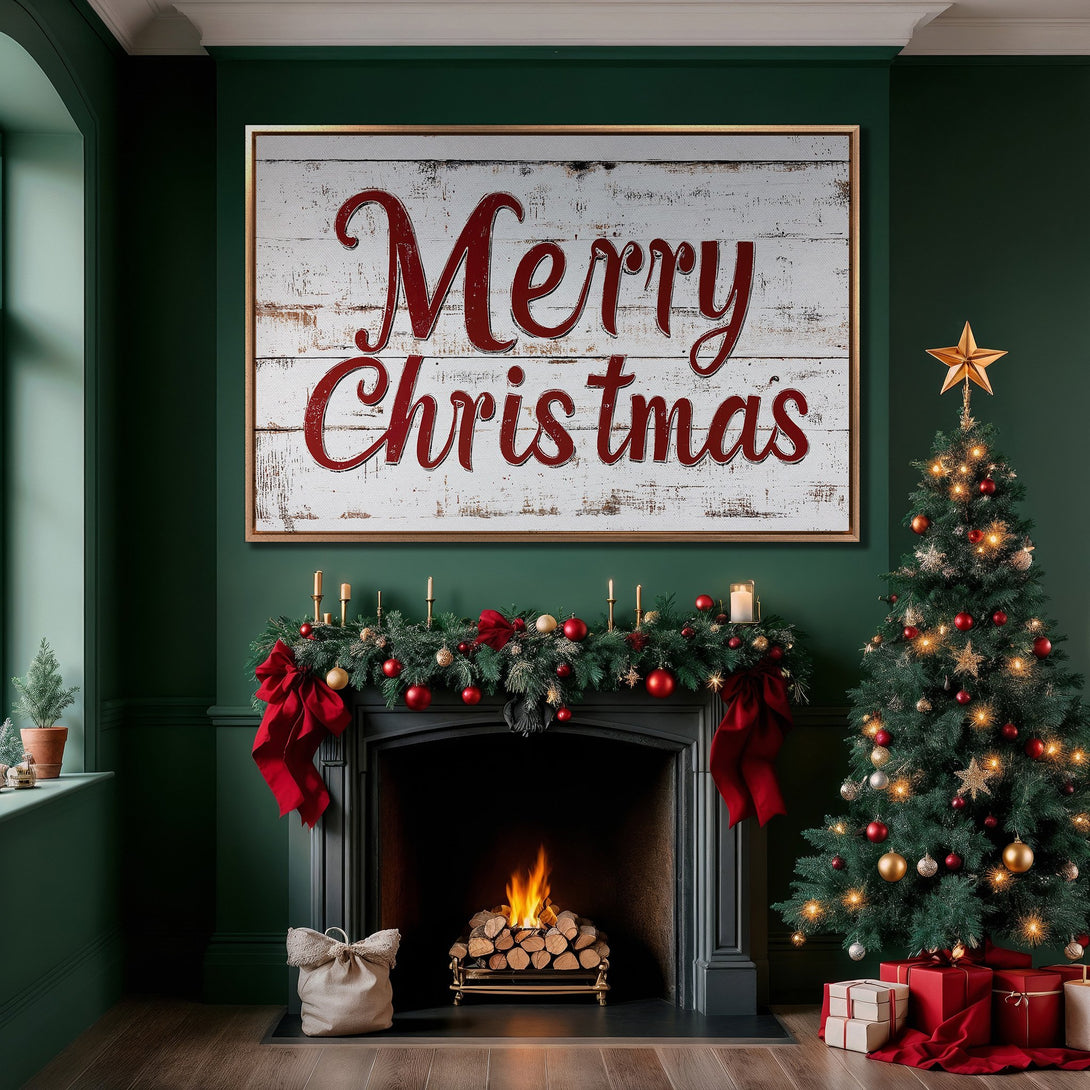 Framed Wall Art: "Merry Christmas" sign in a cozy, festive interior. Rustic style with red and white text on a distressed wood-look background, set against a dark green wall.