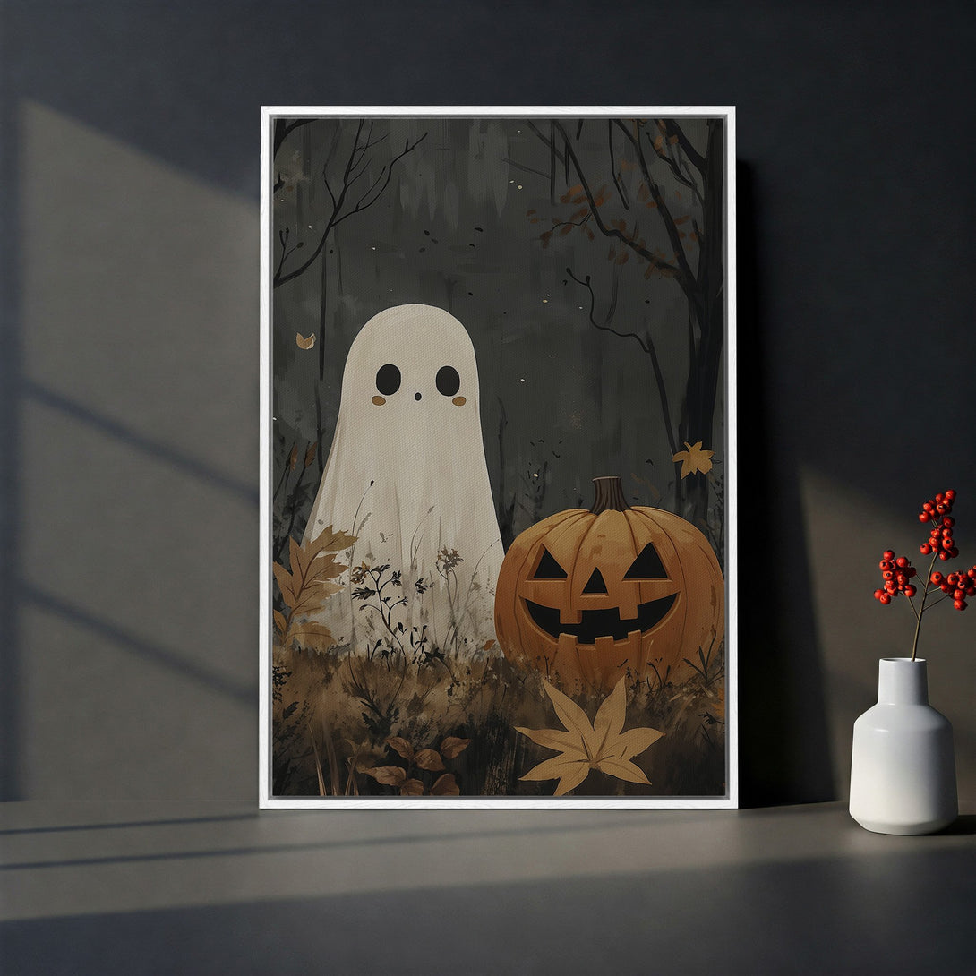 Framed Wall Art: Spooky ghost & pumpkin illustration in muted autumn tones. Perfect Halloween decor for your home! Canvas Print available.