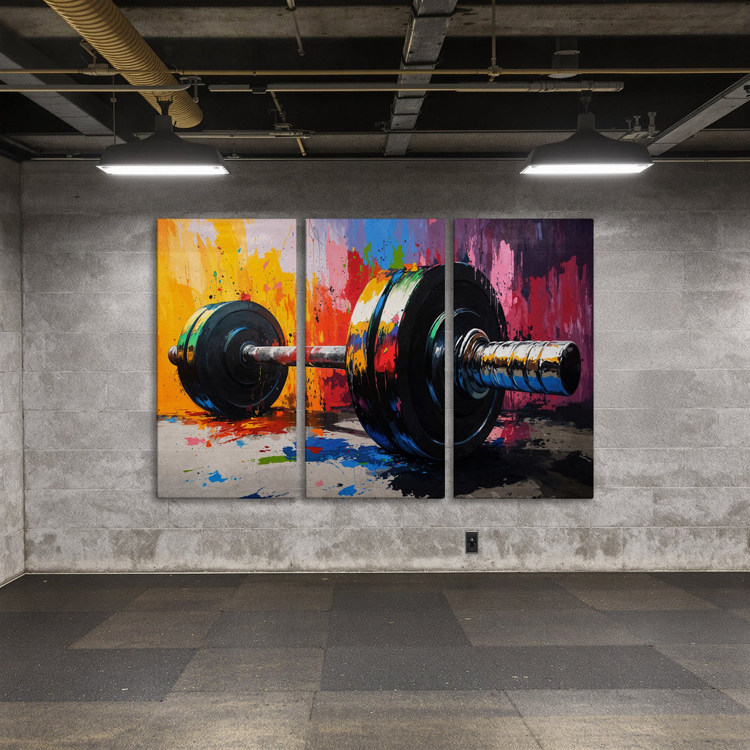 Abstract Canvas Print of a barbell with vibrant colorful paint splashes, perfect for gym decor. Modern wall art with a bold, energetic design.
