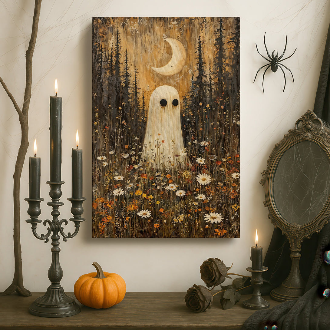 Framed Wall Art: Whimsical ghost painting in a moody, vintage interior. Features a neutral color palette with warm, earthy tones. Perfect for Halloween decor.