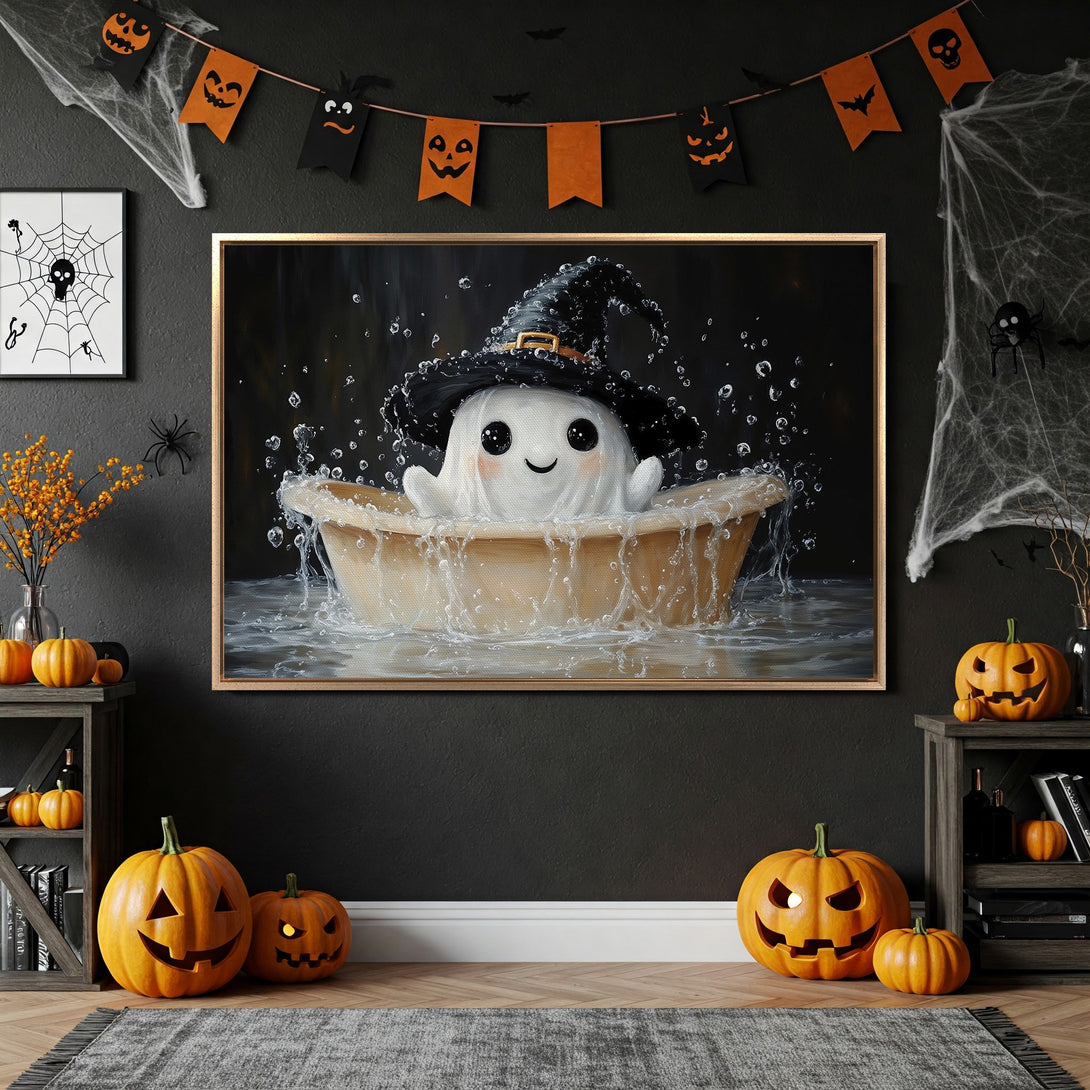 Framed Wall Art: Adorable ghost in a witch hat taking a bath. Halloween-themed art in a warm, inviting interior. Black, orange, and beige color palette.