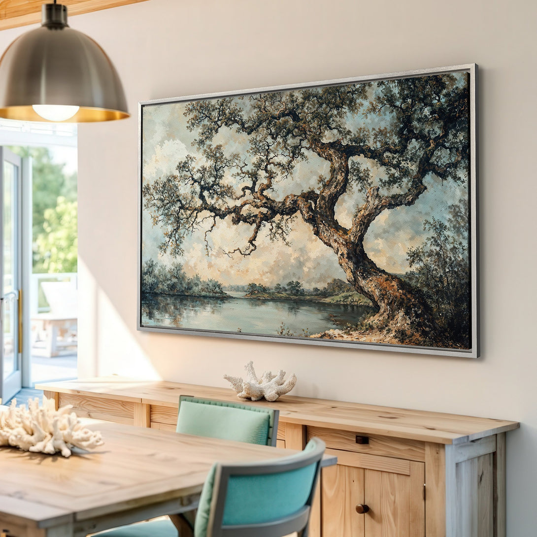 Framed Wall Art of a majestic tree over a lake, showcasing a vintage style with muted earth tones and blue sky. Perfect for home decor.