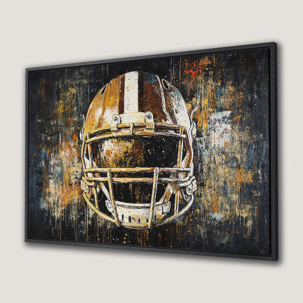 Framed Wall Art: Abstract football helmet art in warm orange, brown, and blue tones. Modern, sporty decor for your home or office.