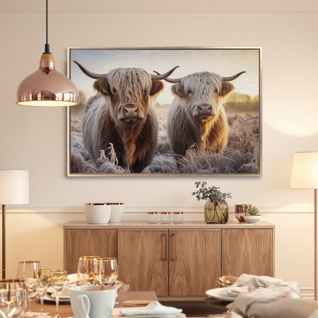 Framed Wall Art featuring Highland cows in a warm, neutral color palette. Rustic charm for your home decor!