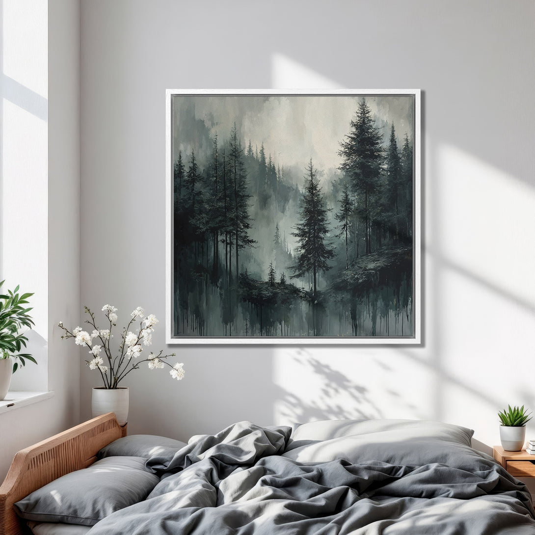 Framed Wall Art: Moody forest landscape Canvas Print. Dark green and gray palette, perfect for bedroom decor. Bring nature's beauty indoors!