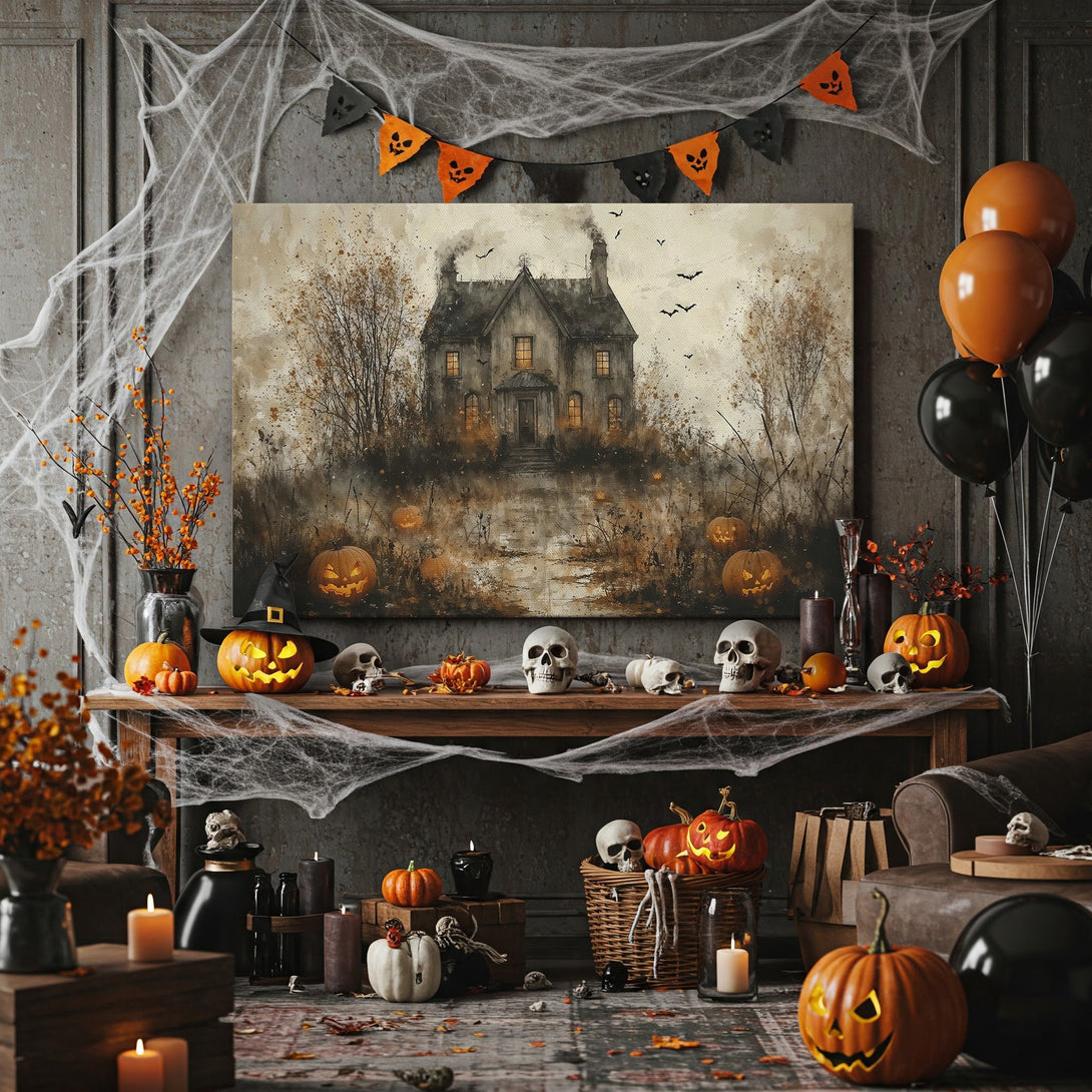 Framed Wall Art: Spooky Halloween scene with a haunted house, pumpkins, and a warm, autumnal color palette. Perfect for adding a touch of frightful decor.