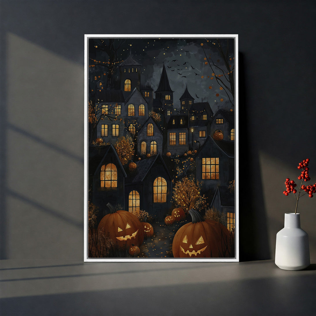 Framed Wall Art: Spooky Halloween town illustration with pumpkins, trees, and glowing windows. Dark, moody color palette perfect for seasonal decor.