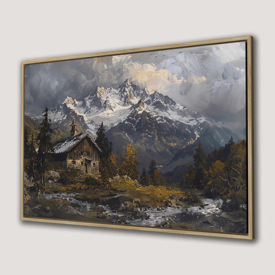 Framed Wall Art: Mountain landscape Canvas Print. Oil painting style with a moody palette of grays, browns, and touches of gold. Perfect wall decor.
