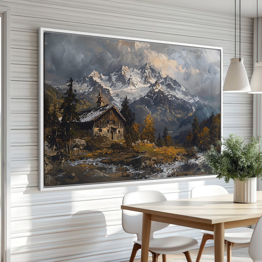Framed Wall Art: Mountain landscape canvas print with a cabin, in a rustic style with a warm, earthy color palette. Perfect for home decor.