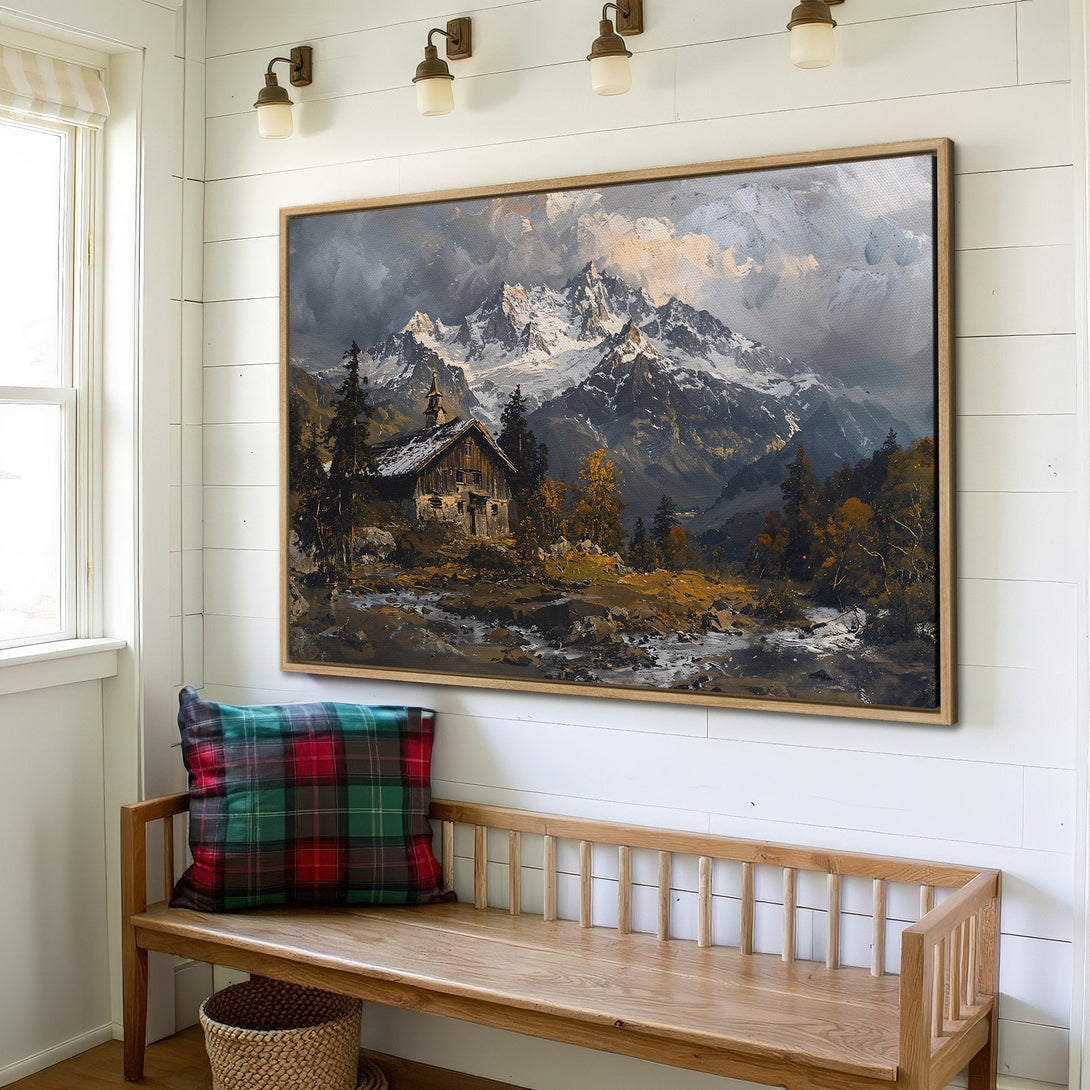 Framed Wall Art: Mountain landscape Canvas Print in rustic style. Features a cabin, snowy peaks, and a moody, earthy color palette. Perfect for home decor.