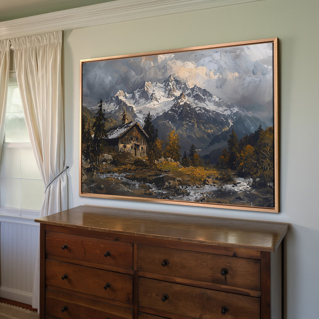 Framed Wall Art: Mountain landscape Canvas Print in a warm, earthy palette. Bring the beauty of nature into your home with this stunning artwork.