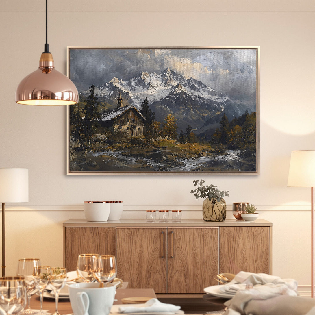 Framed Wall Art: Majestic mountain landscape painting in cool gray, brown, and gold tones. Perfect for adding a touch of nature to your home decor.
