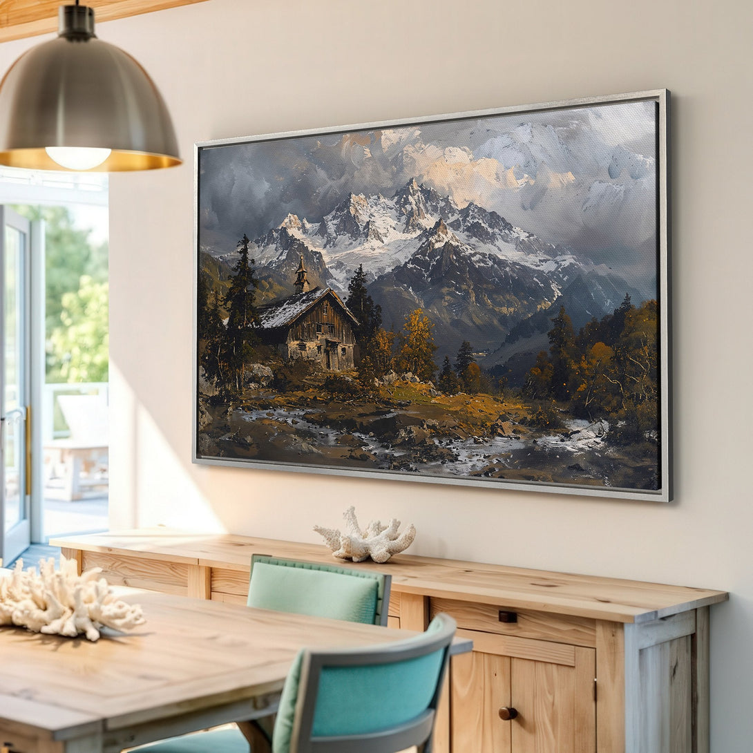Framed Wall Art: Mountain landscape Canvas Print in a rustic style with a muted color palette, perfect for adding a touch of nature to your home decor.