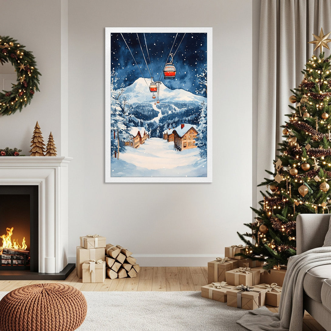 Framed Poster featuring a watercolor winter ski scene in blue and white tones, perfect for holiday decor.