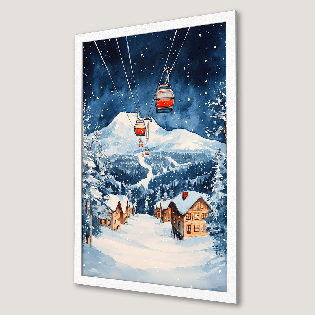 Framed Poster of a snowy mountain scene with ski lifts, watercolor style, blue & orange palette. Perfect winter decor!