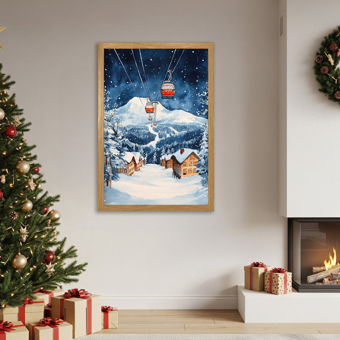 Framed Poster featuring a watercolor winter ski scene, blue & white palette. Perfect holiday decor!