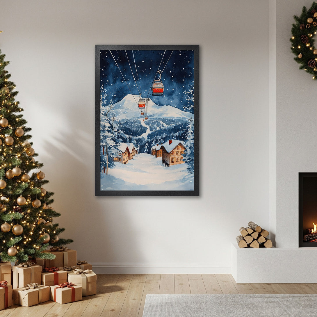 Framed Poster featuring a watercolor winter ski scene in blue & white. Perfect holiday decor!