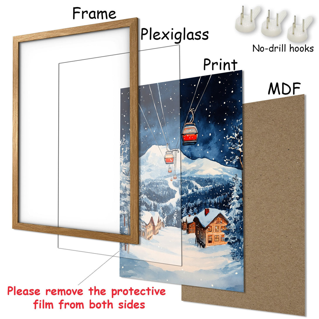 Framed Poster featuring a winter watercolor scene with ski lift and cabins. Blue, white, and brown color palette. Perfect wall art!