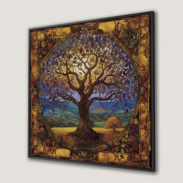 Framed Wall Art featuring a stained-glass style tree scene. Warm, earthy tones and intricate details make this canvas print a stunning decor piece.