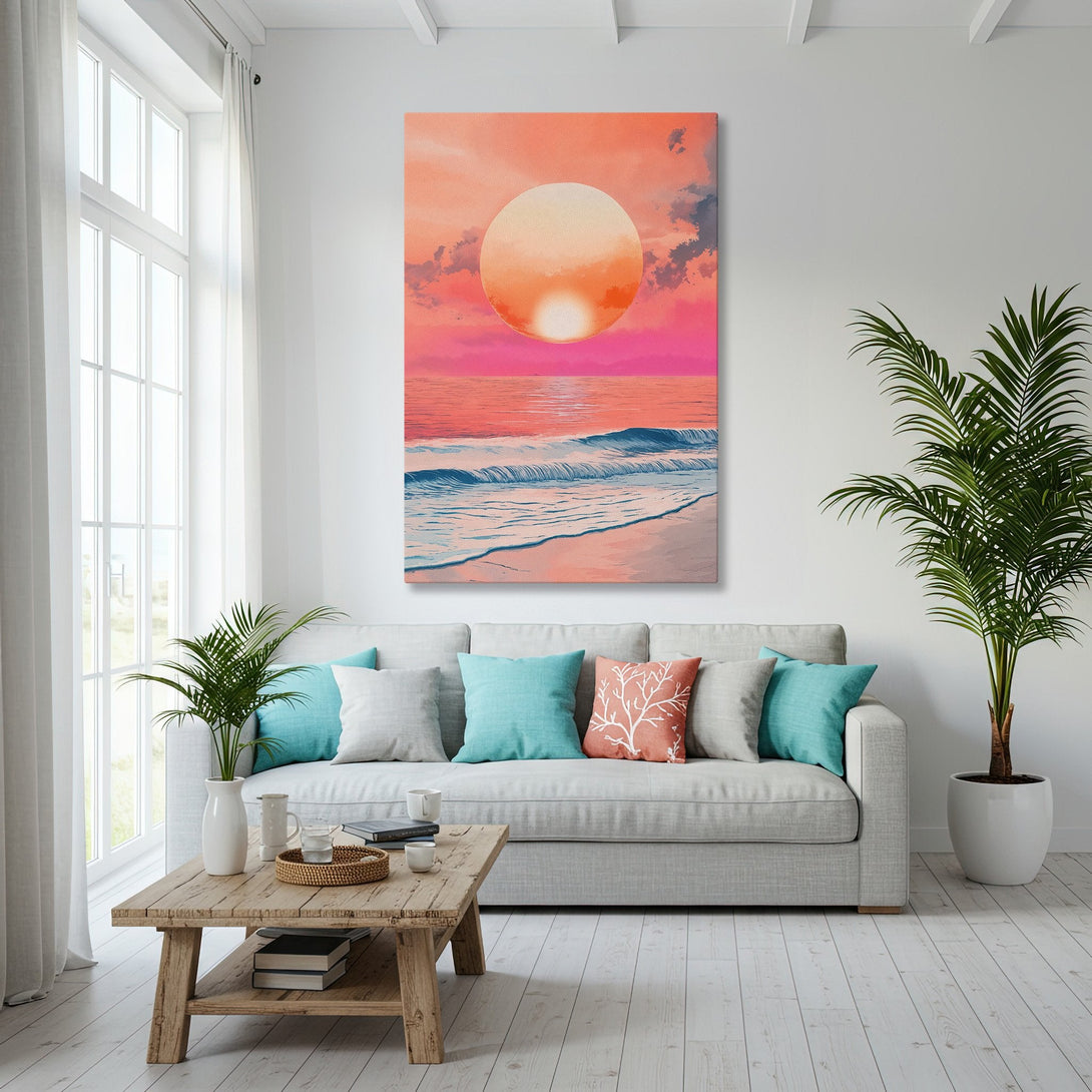 Framed Wall Art featuring a sunset beach scene in warm pink and orange tones. Coastal art style, perfect for adding a pop of color to your home.