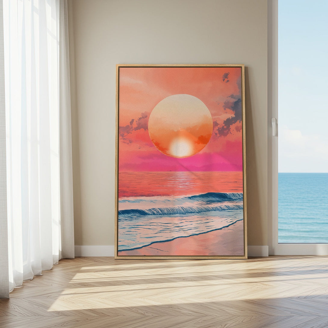 Framed Wall Art: Sunset beach scene in pink and orange hues. Modern canvas print adds coastal vibes to any room. Shop now!