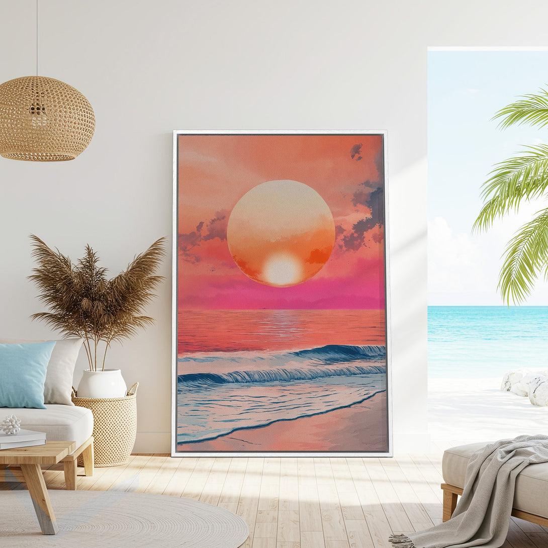 Framed Wall Art: Sunset beach scene in vibrant pink and orange hues. Coastal style Canvas Print adds a pop of color to any interior.