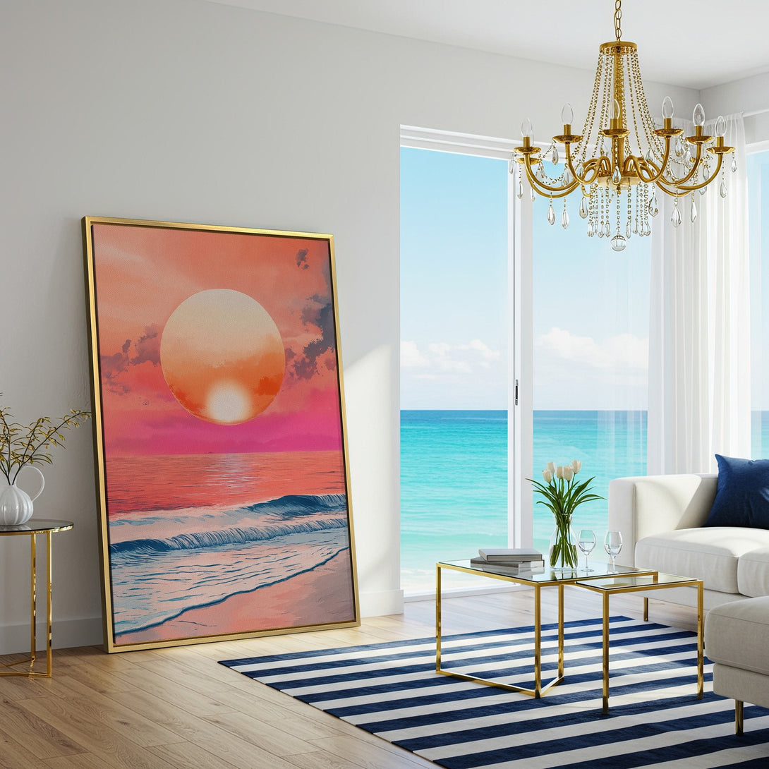 Canvas Print of a sunset beach scene in a modern interior. Features vibrant pink, orange, and blue hues. Perfect wall art for coastal decor.