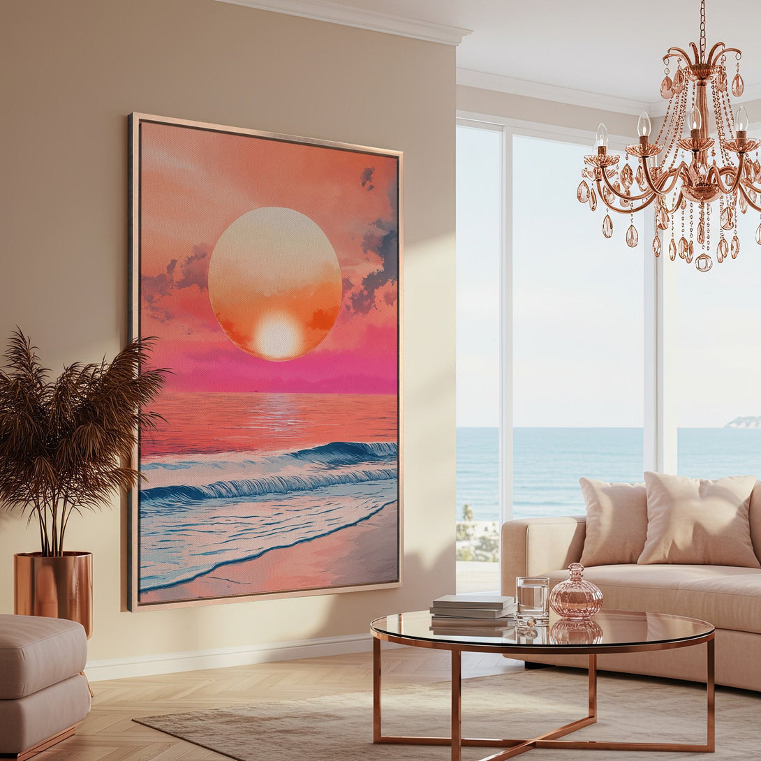 Framed Wall Art of a sunset beach scene in a modern living room. Warm, vibrant pink and orange hues create a relaxing, coastal vibe.