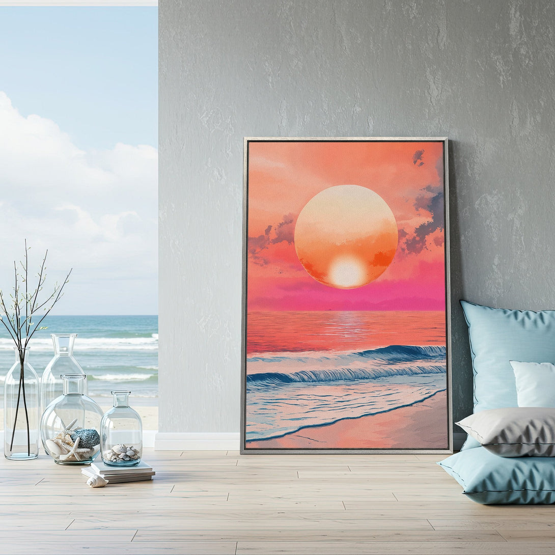 Framed Wall Art: Beach sunset canvas print in vibrant pink and orange hues. Coastal art perfect for adding a pop of color and a serene vibe to your space.