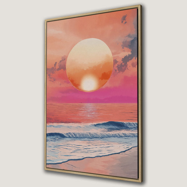 Canvas Print of a sunset beach scene, vibrant pink and orange hues. Coastal art with a dreamy, artistic style. Perfect wall decor.