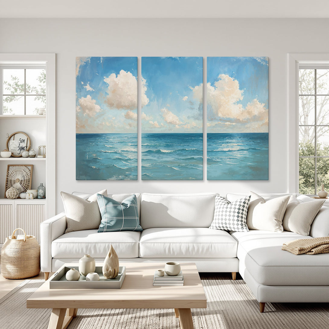 Canvas Print of ocean landscape art in blue and white, perfect for coastal decor. Adds a serene, calming touch to any living room.