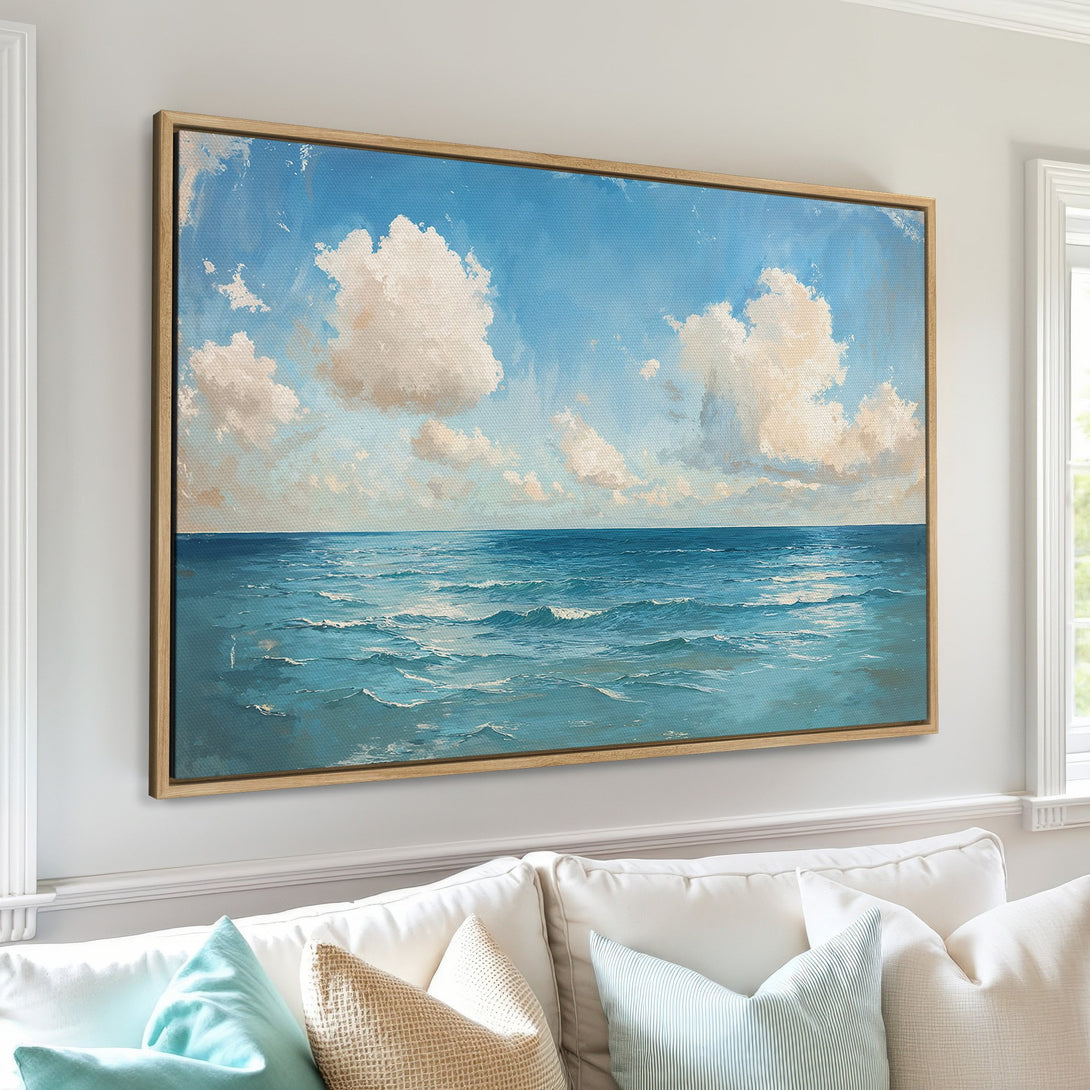 Canvas Print of a serene ocean landscape with blue and white hues. Coastal style framed wall art perfect for adding a calming touch to any space.