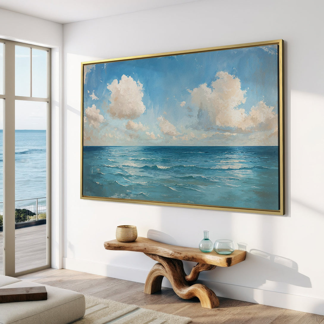 Canvas Print of ocean landscape art in a coastal style. Blue and white color palette creates a serene and calming atmosphere. Perfect for any room!