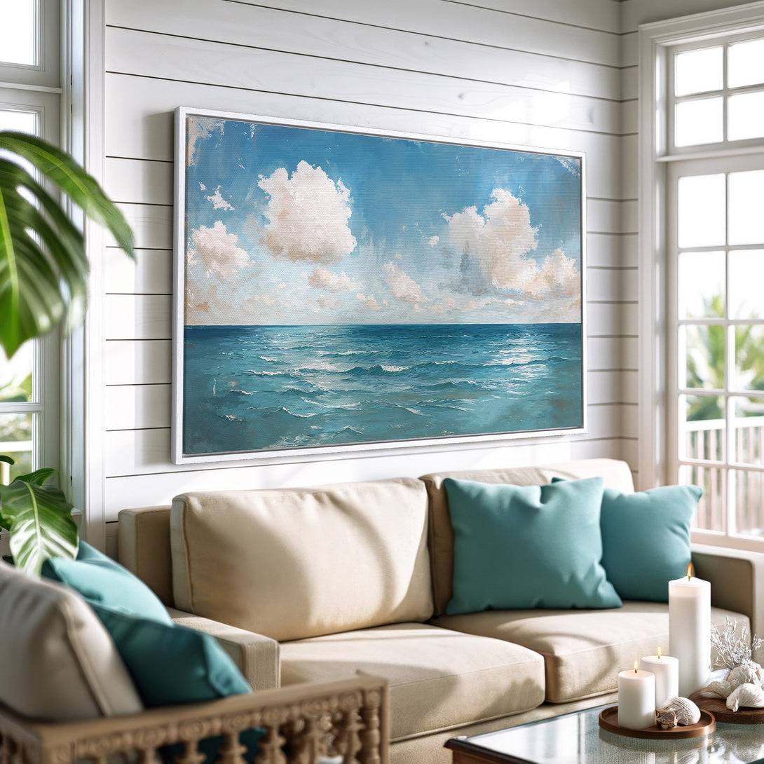 Framed Wall Art: Coastal ocean scene Canvas Print in blue and white. Perfect for adding a touch of serenity and style to your living room decor.