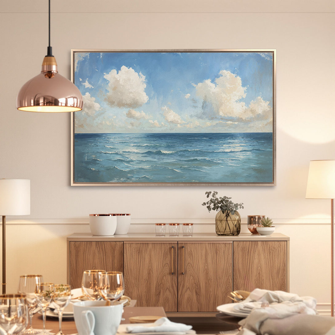 Framed Wall Art: Serene ocean landscape Canvas Print in blue & white. Coastal wall decor for a calming home. Shop now for your perfect piece!