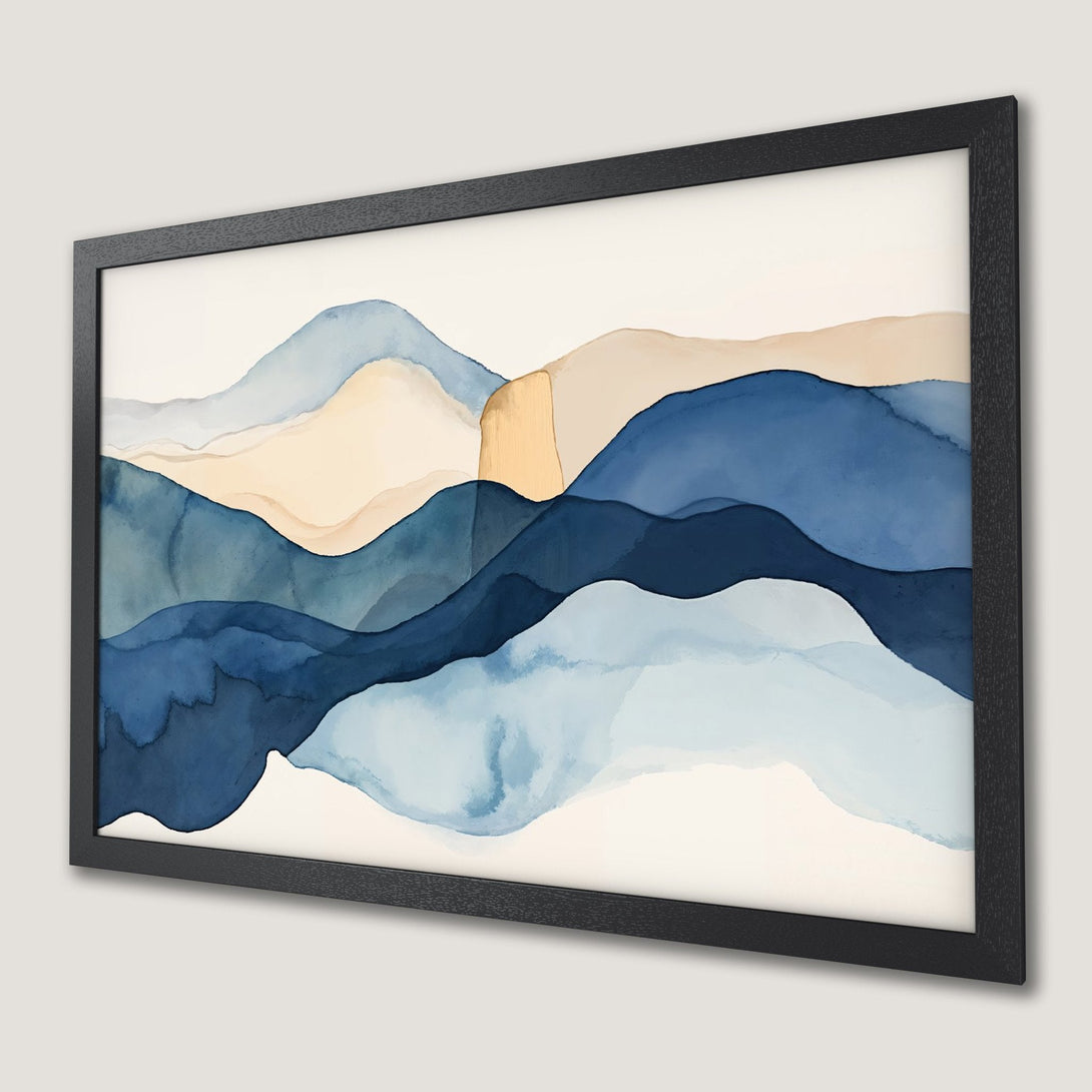 Framed Poster of abstract watercolor mountains in blue and beige tones. Modern art for your home.