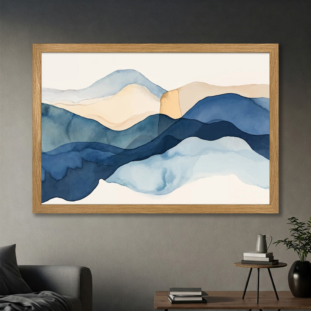 Framed Poster featuring abstract watercolor mountains in blue and beige tones. Modern art print for home decor.