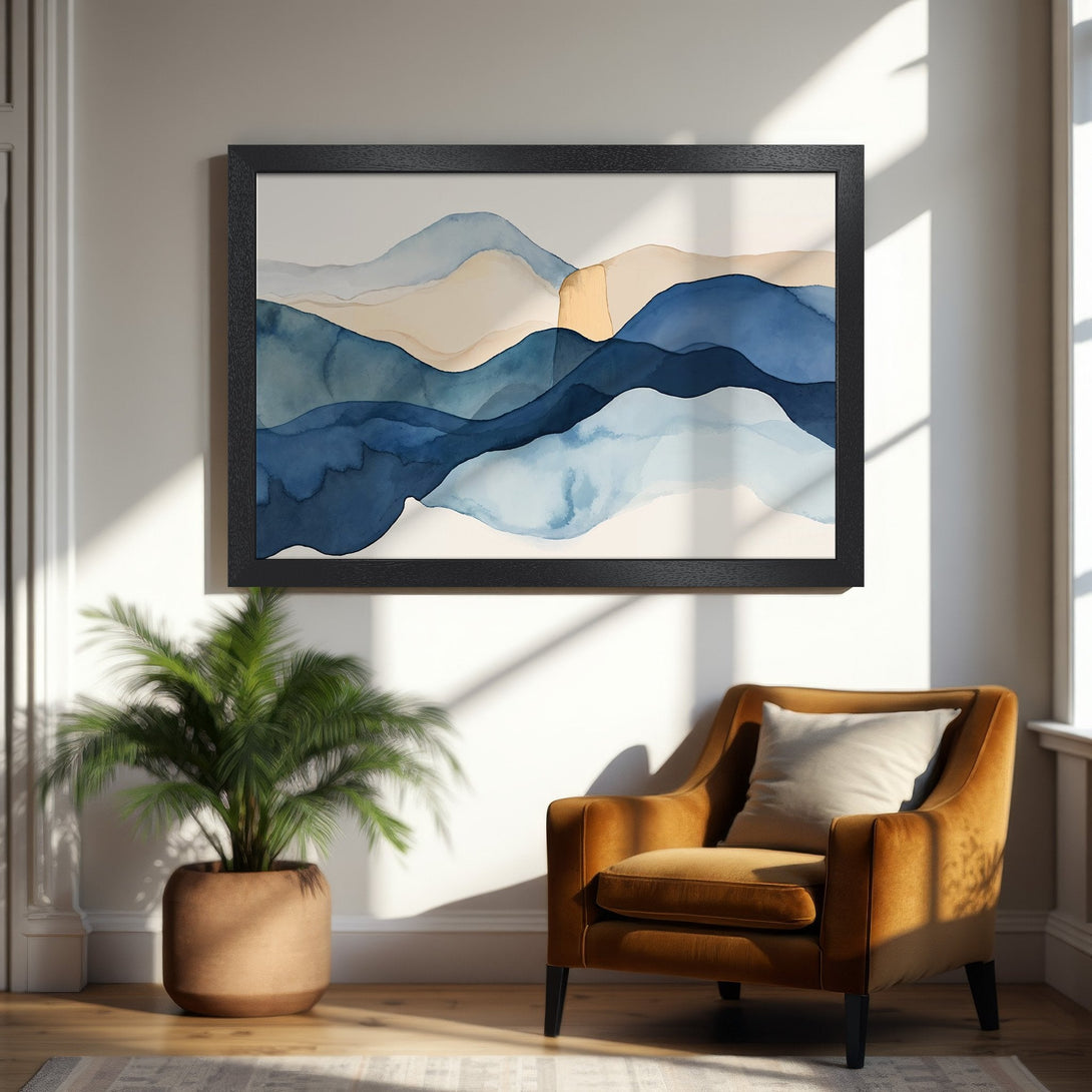 Framed Poster featuring abstract watercolor mountain art in blue and beige tones, perfect for modern home decor.