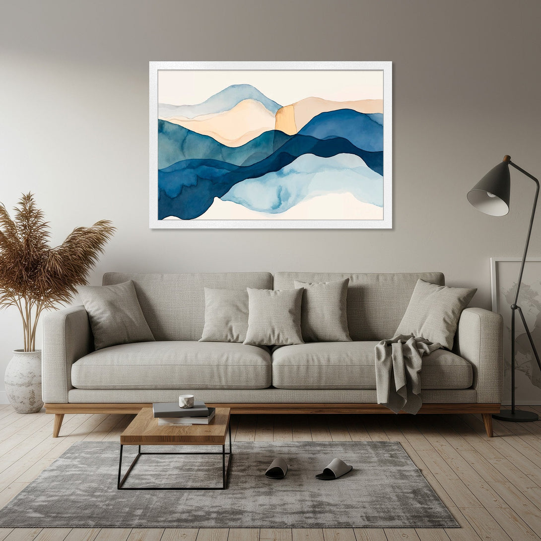 Framed Poster featuring abstract watercolor mountain art in blue, beige, and white. Modern wall art for home decor.