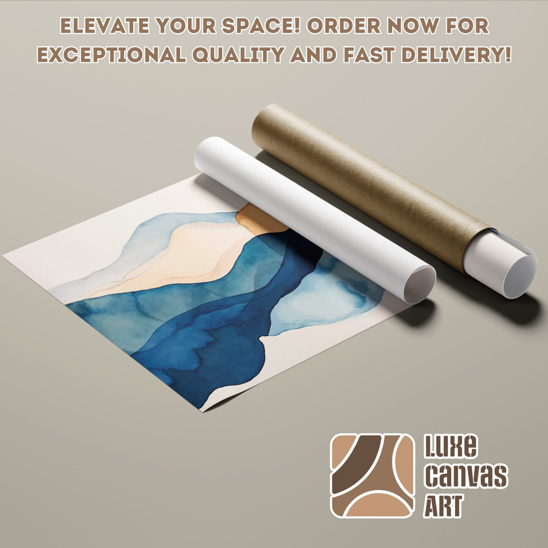 Abstract watercolor Poster Roll in blue, beige, and brown tones. Elevate your space!