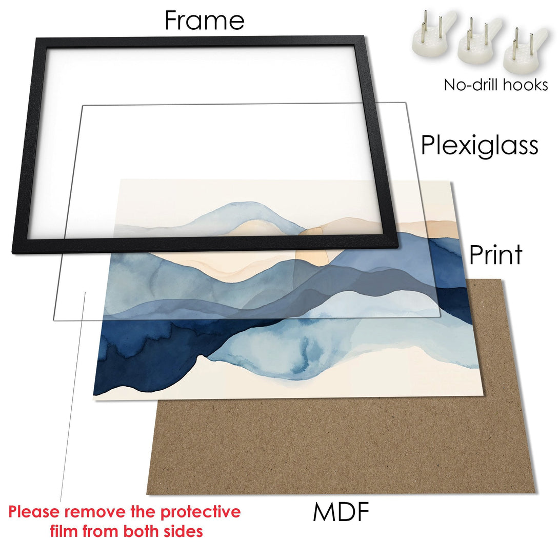 Framed Poster featuring watercolor mountain art in blue and beige tones. Modern wall decor for your home.
